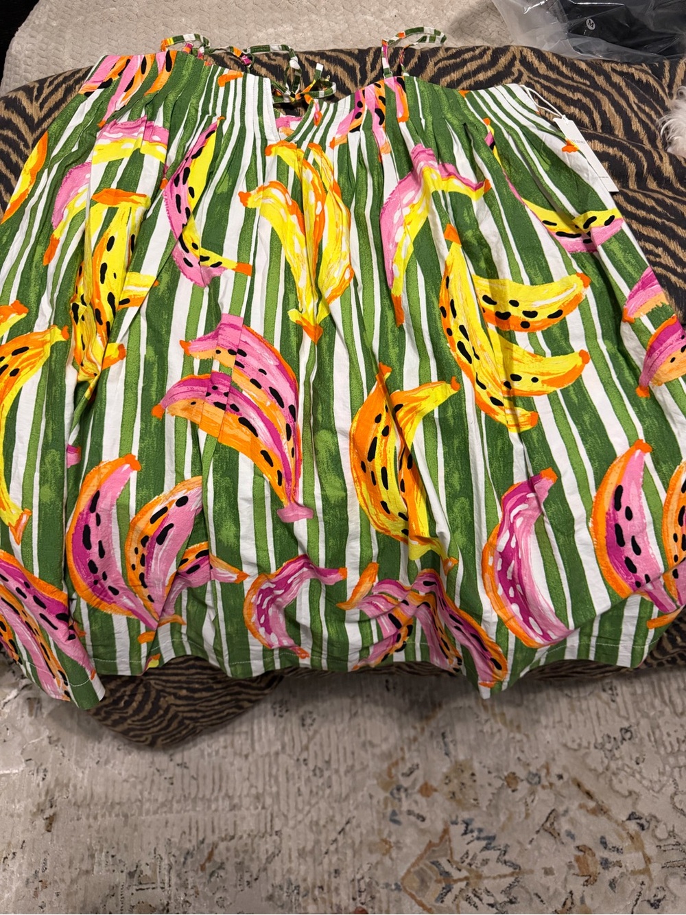 Women's Green Striped Banana Print Dress